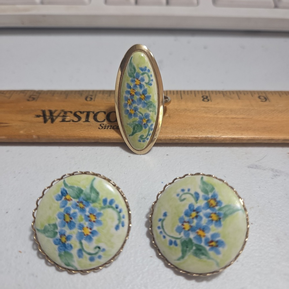 Antique Hand Painted Ring Earrings Forget Me Not Blue Flower Victorian Gold Tone